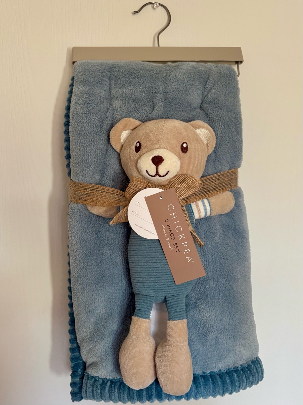chick pea Blue and Tan Plush Bear Baby Blanket Gift Set